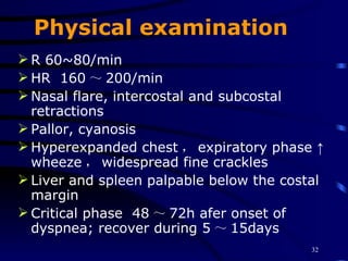 Physical examination R 60~80/min HR  160 ～ 200/min Nasal flare, intercostal and subcostal retractions Pallor, cyanosis Hyperexpanded chest ， expiratory phase ↑ wheeze ， widespread fine crackles Liver and spleen palpable below the costal margin Critical phase  48 ～ 72h afer onset of dyspnea; recover during 5 ～ 15days 