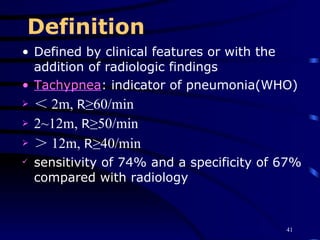 Definition Defined by clinical features or with the addition of radiologic findings Tachypnea : indicator of pneumonia(WHO) ＜ 2m,  R ≥60/min 2~12m,  R ≥50/min ＞ 12m,  R ≥40/min sensitivity of 74% and a specificity of 67% compared with radiology 