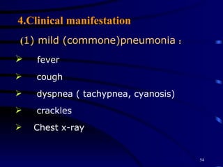4.Clinical manifestation ( 1) mild (commone)pneumonia ： fever cough  dyspnea ( tachypnea, cyanosis) crackles Chest x-ray 