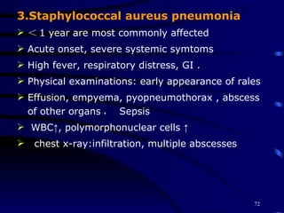 3.Staphylococcal aureus pneumonia ＜ 1 year are most commonly affected Acute onset, severe systemic symtoms High fever, respiratory distress, GI . Physical examinations: early appearance of rales  Effusion, empyema, pyopneumothorax , abscess of other organs ，  Sepsis   WBC↑, polymorphonuclear cells ↑ chest x-ray:infiltration, multiple abscesses 