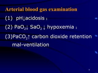 Arterial blood gas examination (1)  pH↓acidosis ； (2) PaO 2 ↓ SaO 2  ↓ hypoxemia ； (3)PaCO 2 ↑  carbon dioxide retention   mal-ventilation 