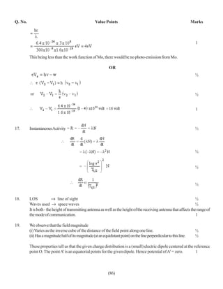 Q. No.                                                Value Points                                                      Marks



                                                                                                                          1


         This being less than the work function of Mo, there would be no photo-emission from Mo.

                                                                OR
                                                                                                                         ½



                                                                                                                         ½


                                                                                                                          1



17.      Instantaneous Activity                                                                                          ½




                                                                                                                         ½


                                                                                                                         ½


                                                                                                                         ½


18.      LOS                 line of sight                                                                              ½
         Waves used           space waves                                                                               ½
         It is both - the height of transmitting antenna as well as the height of the receiving antenna that affects the range of
         the mode of communication.                                                                                     1

19.      We observe that the field magnitude
         (i) Varies as the inverse cube of the distance of the field point along one line.                               ½
         (ii) Has a magnitude half of its magnitude (at an equidistant point) on the line perperdicular to this line.    ½

         These properties tell us that the given charge distribution is a (small) electric dipole centered at the reference
         point O. The point A’ is an equatorial points for the given dipole. Hence potential of AI = zero.         1



                                                               (86)
 