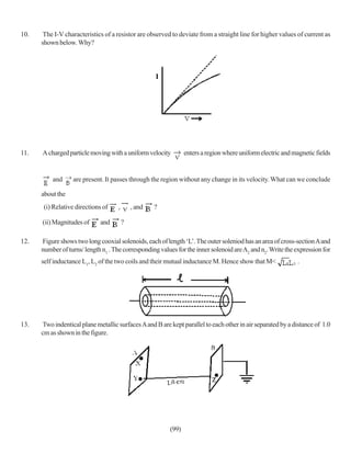 10.    The I-V characteristics of a resistor are observed to deviate from a straight line for higher values of current as
      shown below. Why?




11.   A charged particle moving with a uniform velocity         enters a region where uniform electric and magnetic fields


          and     are present. It passes through the region without any change in its velocity. What can we conclude

      about the
       (i) Relative directions of   ,       , and   ?

      (ii) Magnitudes of     and        ?

12.   Figure shows two long cooxial solenoids, each of length ‘L’. The outer soleniod has an area of cross-section A and
      number of turns/ length n1 . The corresponding values for the inner solenoid are A2 and n2. Write the expression for
      self inductance L1, L2 of the two coils and their mutual inductance M. Hence show that M<              .




13.   Two indentical plane metallic surfaces A and B are kept parallel to each other in air separated by a distance of 1.0
      cm as shown in the figure.




                                                         (99)
 