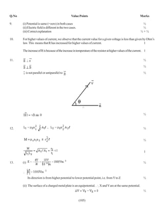 Q.No                                                Value Points                                                Marks

9.     (i) Potential is same (=zero) in both cases                                                               ½
       (ii) Electric field is different in the two cases.                                                        ½
       (iii) Correct explanation                                                                                ½+½

10.    For higher values of current, we observe that the current value for a given voltage is less than given by Ohm’s
       law. This means that R has increased for higher values of current.                                      1

       The increase of R is because of the increase in temperature of the resistor at higher values of the current. 1

11.                                                                                                                ½
                                                                                                                   ½
         is not parallel or antiparallel to                                                                        ½




                                                              ∴

                                                                                                                   ½



12.                                                                                                                ½


                                                                                                                   ½


                                                                                                                   1


13.    (i)                                                                                                         ½



             Its direction is from higher potential to lower potential point, i.e. from Y to Z                     ½

       (ii) The surface of a charged metal plate is an equipotential.      X and Y are at the same potential.
                                                                                                                   ½


                                                            (105)
 