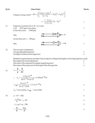 Q.No                             Value Points                                                                      Marks

       Change in energy stored


                                                                                                                   1

21.    Output not symmetric for A, B = (0, 1) and
       (1,0)     NOT gate in one input.                                                                            1
       (i) has three zeros   NOR gate

       Thus                                                                                                        1
       (ii) has three one’s    OR gate

       Thus                                                                                                        1


22.    The two main considerations
       (i) Large light gathering power                                                                            ½
       (ii) Higher resolution (resolving power)                                                                   ½

       [Both these requirements are met better when an objective of large focal length as well as large aperture is used]
       Ray diagram for normal adjustment.                                                                          ½
       Derivation of the expression for angular magnifying power                                                    1
       Derivation of the expression for the length of the telescope tube                                           ½

23.




                                                                                                                  ½

              size of atom,         <<size of ball                                                                 1


24.                                                                                                               ½

                                                                                                                  ½

                                                                                                                  ½

                                                                                                                  ½


                                                        (108)
 