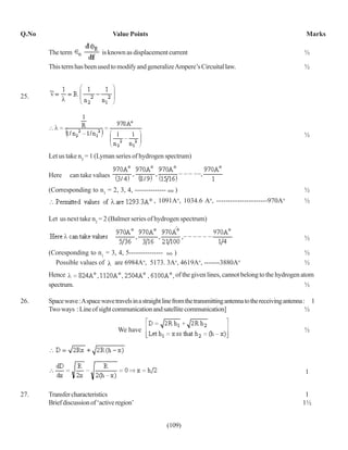 Q.No                             Value Points                                                                     Marks

       The term              is known as displacement current                                                    ½

       This term has been used to modify and generalize Ampere’s Circuital law.                                  ½



25.




                                                                                                                 ½


       Let us take n2 = 1 (Lyman series of hydrogen spectrum)

       Here    can take values

       (Corresponding to n1 = 2, 3, 4, --------------      )                                                     ½
                                                  , 1091Ao, 1034.6 Ao, ----------------------970Ao               ½

       Let us next take n2 = 2 (Balmer series of hydrogen spectrum)
                                                           ∴
                                                           λ
                                                                                                                 ½

       (Coresponding to n1 = 3, 4, 5--------------- )                                                            ½
         Possible values of   are 6984A , 5173. 3Ao, 4619Ao, -------3880Ao
                                          o
                                                                                                                 ½
       Hence                                               of the given lines, cannot belong to the hydrogen atom
       spectrum.                                                                                               ½

26.    Space wave : A space wave travels in a straight line from the transmitting antenna to the receiving antenna : 1
       Two ways : Line of sight communication and satellite communication]                                          ½


                                   We have                                                                       ½




                                                                                                                  1


27.    Transfer characteristics                                                                                  1
       Brief discussion of ‘active region’                                                                      1½


                                                        (109)
 