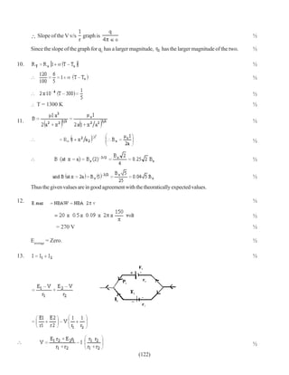 Slope of the V v/s   graph is                                                                     ½

      Since the slope of the graph for q1 has a larger magnitude,   has the larger magnitude of the two.   ½

10.                                                                                                        ½

                                                                                                           ½

                                                                                                           ½
         T = 1300 K                                                                                        ½

11.                                                                                                        ½


                                                                                                           ½


                                                                                                           ½


                                                                                                           ½
      Thus the given values are in good agreement with the theoratically expected values.

12.                                                                                                        ½

                                                                                                           ½
                   = 270 V                                                                                 ½

      Eaverage = Zero.                                                                                     ½

13.                                                                                                        ½




                                                                                                           ½
                                                         (122)
 