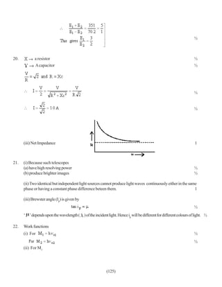½



20.          a resistor                                                                                             ½
             A capacitor                                                                                            ½




                                                                                                                    ½


                                                                                                                    ½




      (iii) Net Impedance                                                                                            1



21.   (i) Because such telescopes
      (a) have high resolving power                                                                                 ½
      (b) produce brighter images                                                                                   ½

      (ii) Two identical but independent light sources cannot produce light waves continuously either in the same
      phase or having a constant phase difference beteen them.                                                  1

      (iii) Brewster angle (Ip) is given by
                                                                                                                    ½
      ‘ ’ depends upon the wavelength ( ) of the incident light. Hence ip will be different for different colours of light. ½

22.   Work functions
      (i) For                                                                                                       ½
                                                                                                                    ½
      (ii) For M1




                                                           (125)
 