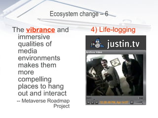 Ecosystem change – 6 The  vibrance  and immersive qualities of media environments makes them more compelling places to hang out and interact -- Metaverse Roadmap Project 4) Life-logging 