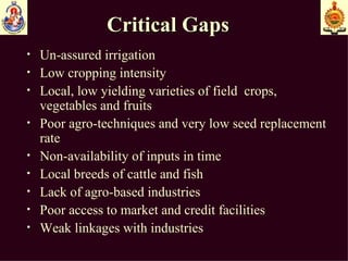 Critical Gaps Un-assured irrigation  Low cropping intensity Local, low yielding varieties of field  crops, vegetables and fruits Poor agro-techniques and very low seed replacement rate Non-availability of inputs in time Local breeds of cattle and fish Lack of agro-based industries  Poor access to market and credit facilities Weak linkages with industries 