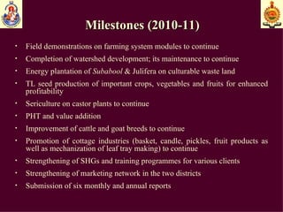 Milestones (2010-11) Field demonstrations on farming system modules to continue Completion of watershed development; its maintenance to continue  Energy plantation of  Subabool  & Julifera on culturable waste land  TL seed production of important crops, vegetables and fruits for enhanced profitability  Sericulture on castor plants to continue PHT and value addition  Improvement of cattle and goat breeds to continue Promotion of cottage industries (basket, candle, pickles, fruit products as well as mechanization of leaf tray making) to continue  Strengthening of SHGs and training programmes for various clients Strengthening of marketing network in the two districts Submission of six monthly and annual reports 