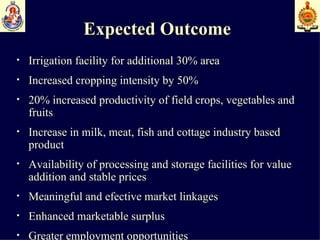 Expected Outcome Irrigation facility for additional 30% area Increased cropping intensity by 50% 20% increased productivity of field crops, vegetables and fruits  Increase in milk, meat, fish and cottage industry based product  Availability of processing and storage facilities for value addition and stable prices  Meaningful and efective market linkages Enhanced marketable surplus Greater employment opportunities Improved household income  