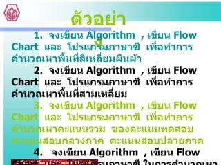 ตัวอย่าง 1.  จงเขียน  Algorithm  ,  เขียน  Flow  Chart  และ  โปรแกรมภาษาซี  เพื่อทำการคำนวณหาพื้นที่สี่เหลี่ยมผืนผ้า 2.  จงเขียน  Algorithm  ,  เขียน  Flow  Chart  และ  โปรแกรมภาษาซี  เพื่อทำการคำนวณหาพื้นที่สามเหลี่ยม 3.  จงเขียน  Algorithm  ,  เขียน  Flow  Chart  และ  โปรแกรมภาษาซี  เพื่อทำการคำนวณหาคะแนนรวม  ของคะแนนทดสอบ  คะแนนสอบกลางภาค  คะแนนสอบปลายภาค 4.  จงเขียน  Algorithm  ,  เขียน  Flow  Chart  และ  โปรแกรมภาษาซี ในการคำนวณหารายได้ของพนักงาน  ซึ่งเกิดจากเงินเดือน  และ  ค่าเงินล่วงเวลาที่ได้รับ  ( ค่าเงินล่วงเวลา  =  จำนวนชั่วโมงที่ทำงาน  *  อัตราค่าล่วงเวลา ) 