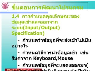 1.4  การกำหนดคุณลักษณะของข้อมูลเข้าและออกจากระบบ ( Input/Output)  Specification) -  กำหนดว่าข้อมูลที่จะส่งเข้าไปเป็นอย่างไร -  กำหนดวิธีการนำข้อมูลเข้า  เช่น  รับค่าจาก  Keyboard,Mouse -  กำหนดข้อมูลที่จะแสดงออกมา ( ผลลัพธ์จะต้องคำนึงถึงความจำเป็นในการใช้งาน ) -  กำหนดลักษณะของการแสดงออกของข้อมูล  เช่น  Monitor,  Printer ขั้นตอนการพัฒนาโปรแกรม 