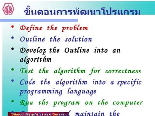 ขั้นตอนการพัฒนาโปรแกรม Define  the  problem Outline  the  solution Develop the  Outline  into  an  algorithm Test  the  algorithm  for  correctness  Code  the  algorithm  into  a specific   programming  language Run  the  program  on  the  computer Document  and  maintain  the  program 