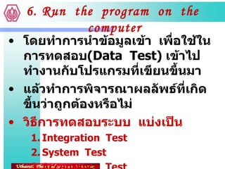 6. Run  the  program  on  the  computer โดยทำการนำข้อมูลเข้า  เพื่อใช้ในการทดสอบ ( Data  Test)  เข้าไปทำงานกับโปรแกรมที่เขียนขึ้นมา แล้วทำการพิจารณาผลลัพธ์ที่เกิดขึ้นว่าถูกต้องหรือไม่ วิธีการทดสอบระบบ  แบ่งเป็น Integration  Test System  Test Acceptance  Test 