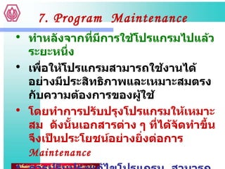 7. Program  Maintenance ทำหลังจากที่มีการใช้โปรแกรมไปแล้วระยะหนึ่ง เพื่อให้โปรแกรมสามารถใช้งานได้อย่างมีประสิทธิภาพและเหมาะสมตรงกับความต้องการของผู้ใช้ โดยทำการปรับปรุงโปรแกรมให้เหมาะสม  ดังนั้นเอกสารต่าง ๆ ที่ได้จัดทำขึ้นจึงเป็นประโยชน์อย่างยิ่งต่อการ   Maintenance การปรับปรุงแก้ไขโปรแกรม  สามารถทำได้  2  ลักษณะ  คือ การบำรุงรักษา ( Maintenance) การเปลี่ยนแปลงระบบทั้งหมด ( Redevelopment) 