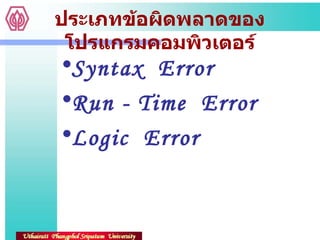 ประเภทข้อผิดพลาดของโปรแกรมคอมพิวเตอร์ Syntax  Error Run - Time  Error Logic  Error 