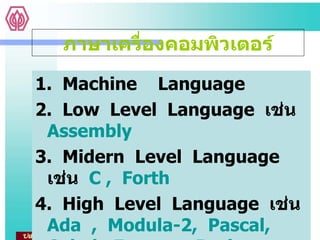 ภาษาเครื่องคอมพิวเตอร์ 1.  Machine  Language 2.  Low  Level  Language  เช่น  Assembly 3.  Midern  Level  Language  เช่น  C ,  Forth   4.  High  Level  Language  เช่น  Ada  ,  Modula-2,  Pascal,  Cobol,  Fortran,  Basic 