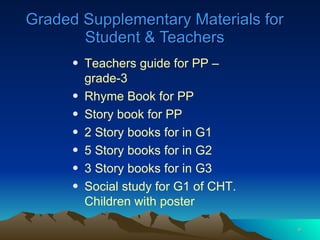 Graded Supplementary Materials for Student & Teachers Teachers guide for PP – grade-3 Rhyme Book for PP Story book for PP 2 Story books for in G1 5 Story books for in G2 3 Story books for in G3 Social study for G1 of CHT. Children with poster 