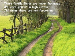 Those fertile fields are never far away We were walkin' in high cotton Old times there are not forgotten 
