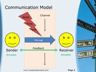 Communication Model
                          Channel
          Noise

             Noise

                  Noise




                      Message


                     Feedback
Sender                              Receiver
Encodes                             Decodes




          www.readysetpresent.com       Page 2
 