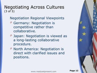 Negotiating Across Cultures
(3 of 5)

    Negotiation Regional Viewpoints
     Germany: Negotiation is
      competitive rather than
      collaborative.
     Japan: Negotiation is viewed as
      a long-lasting collaborative
      procedure.
     North America: Negotiation is
      direct with clarified issues and
      positions.



                www.readysetpresent.com   Page 12
 