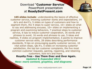 Download “Customer Service”
              PowerPoint presentation
           at ReadySetPresent.com
     165 slides include: understanding the basics of effective
 customer service, knowing customer wants and expectations, 14
    do's and don't's, 5 slides on types of customers and how to
 segment them, the 4 steps to super service, 10+ slides on what
  to say and addressing excuses, 10+ slides on implementing a
 program and examining behaviors, 7 practical steps to customer
   service, 6 tips to induce customer cooperation, 16 words and
    phrases to avoid, 16 words and phrases to use, 5 ideas and
realities, 9 slides on program implementation, 6 points to improve
      customer service skills, 28 slides describing performance
  standards, 9 tips on encouraging quality customer service, 16
     vital action steps, Q& A's, 5 slides on increasing customer
    satisfaction, the top ten customer complaints, the five most
  common customer requests, gaining, regaining, and retaining
                    customers, how to's and more.
     Royalty Free - Use Them Over and Over Again.
            Updated & Expanded 2013
    Now: more content, graphics, and diagrams

                         www.readysetpresent.com                     Page 14
 