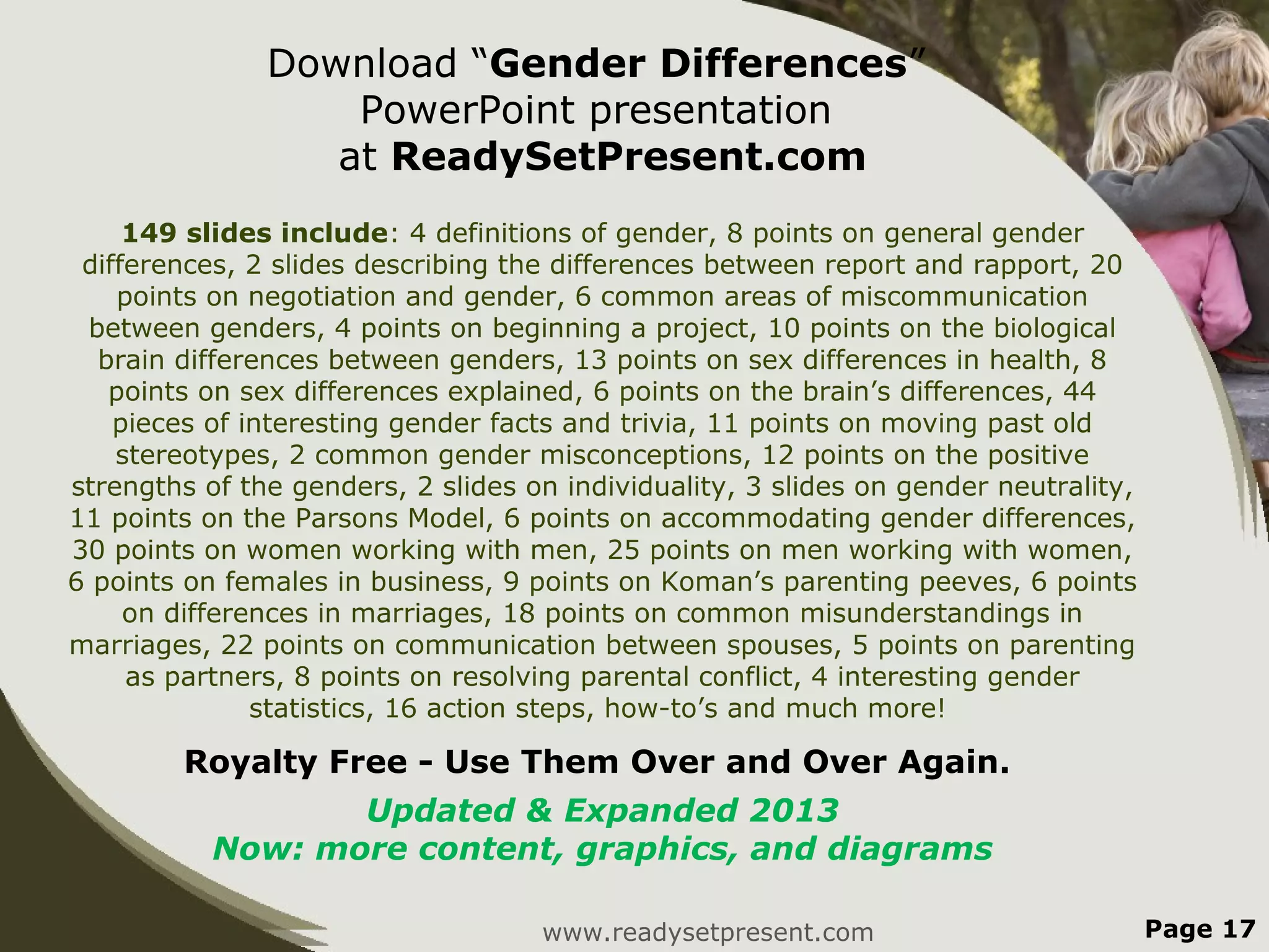 Download “Gender Differences”
                   PowerPoint presentation
                  at ReadySetPresent.com
     149 slides include: 4 definitions of gender, 8 points on general gender
 differences, 2 slides describing the differences between report and rapport, 20
    points on negotiation and gender, 6 common areas of miscommunication
 between genders, 4 points on beginning a project, 10 points on the biological
  brain differences between genders, 13 points on sex differences in health, 8
   points on sex differences explained, 6 points on the brain’s differences, 44
    pieces of interesting gender facts and trivia, 11 points on moving past old
    stereotypes, 2 common gender misconceptions, 12 points on the positive
strengths of the genders, 2 slides on individuality, 3 slides on gender neutrality,
11 points on the Parsons Model, 6 points on accommodating gender differences,
30 points on women working with men, 25 points on men working with women,
6 points on females in business, 9 points on Koman’s parenting peeves, 6 points
     on differences in marriages, 18 points on common misunderstandings in
marriages, 22 points on communication between spouses, 5 points on parenting
     as partners, 8 points on resolving parental conflict, 4 interesting gender
               statistics, 16 action steps, how-to’s and much more!

         Royalty Free - Use Them Over and Over Again.
                  Updated & Expanded 2013
           Now: more content, graphics, and diagrams

                                    www.readysetpresent.com                           Page 17
 