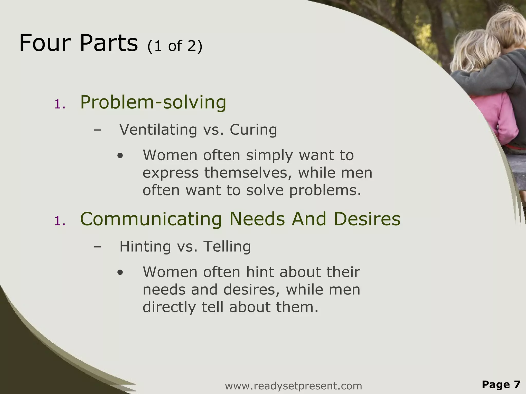 Four Parts      (1 of 2)


  1.   Problem-solving
        –   Ventilating vs. Curing
            •   Women often simply want to
                express themselves, while men
                often want to solve problems.

  1.   Communicating Needs And Desires
        –   Hinting vs. Telling
            •   Women often hint about their
                needs and desires, while men
                directly tell about them.




                           www.readysetpresent.com   Page 7
 