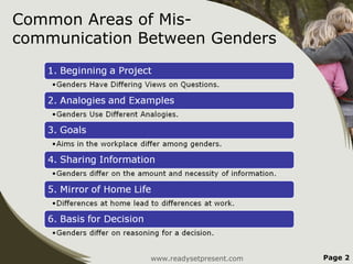 Common Areas of Mis-
communication Between Genders




               www.readysetpresent.com   Page 2
 
