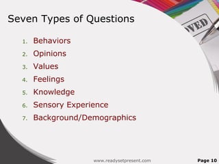 Seven Types of Questions

  1.   Behaviors
  2.   Opinions
  3.   Values
  4.   Feelings
  5.   Knowledge
  6.   Sensory Experience
  7.   Background/Demographics




                     www.readysetpresent.com   Page 10
 