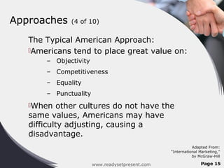 Approaches    (4 of 10)


   The Typical American Approach:
   Americans tend to place great value on:
       – Objectivity
       – Competitiveness
       – Equality
       – Punctuality
   When    other cultures do not have the
   same values, Americans may have
   difficulty adjusting, causing a
   disadvantage.
                                                            Adapted From:
                                                 “International Marketing,”
                                                            by McGraw-Hill

                       www.readysetpresent.com                  Page 15
 