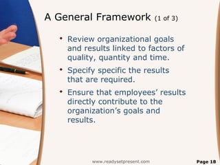 A General Framework                  (1 of 3)


   Review organizational goals
    and results linked to factors of
    quality, quantity and time.
   Specify specific the results
    that are required.
   Ensure that employees’ results
    directly contribute to the
    organization’s goals and
    results.




           www.readysetpresent.com              Page 18
 