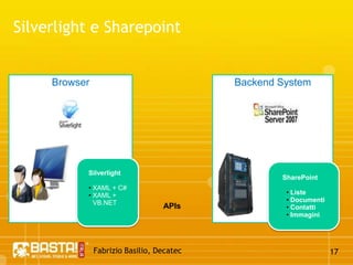 Fabrizio Basilio, Decatec16Perchè Silverlight?Dare un nuovo look rispetto al classico SharepointRappresentazione dei dati in formato graficoFacilità d‘usoSupporto Business IntelligenceColpo d‘occhio