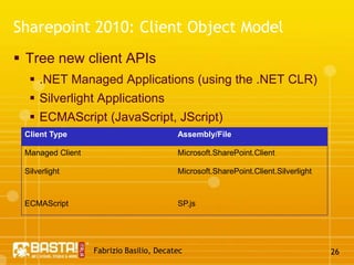 Fabrizio Basilio, Decatec21Silverlight: Hello World!XAMLCODE BEHIND<TextBlock x:Name="HelloWorldTextBlock" Canvas.Left="50" Canvas.Top="45" FontFamily="Trebuchet MS" FontWeight="Bold" FontSize="25" Text="Hello World" Foreground="#FF333333"  MouseLeftButtonDown="HelloWorldTextBlock_MouseLeftButtonDown" />private void HelloWorldTextBlock_MouseLeftButtonDown    (object sender, MouseButtonEventArgs e){HelloWorldTextBlock.Text = "I am clicked!";}