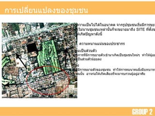 การเปลี่ยนแปลงของชุมชนในอนาคต จากความเป็นไปได้ในอนาคต จากรูปชุมชนเริ่มมีการขยายตัว ขึ้นเรื่อยๆไม่นานชุมชนเหล่านั้นก็จะขยายมาถึง   SITE   ที่ตั้งของบ้าน  อาจก่อให้เกิดปัญหาดังนี้ 1.  ความหนานแน่นของประชากร 2.  ความเป็นส่วนตัว จากการที่มีการขยายตัวเข้ามาเกิดเป็นชุมชนใหม่ๆ  ทำให้ผู้อยู่อาศัย มีความเป็นส่วนตัวน้อยลง 3.  เสียง เมื่อมีการขยายตัวของชุมชน  ทำให้การคมนาคมยิ่งมีบทบาทมากขึ้น ในบริเวณนั้น  อาจก่อให้เกิดเสียงที่จะมารบกวนผู้อยู่อาศัย 