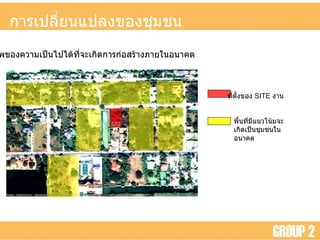 การเปลี่ยนแปลงของชุมชนในอนาคต นี่คือภาพของความเป็นไปได้ที่จะเกิดการก่อสร้างภายในอนาคต ที่ตั้งของ   SITE  งาน พื้นที่มีแนวโน้มจะเกิดเป็นชุมชนในอนาคต 