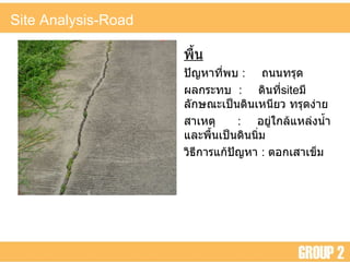 Site Analysis-Road พื้น ปัญหาที่พบ  :  ถนนทรุด ผลกระทบ   :  ดินที่ site มีลักษณะเป็นดินเหนียว ทรุดง่าย สาเหตุ  :   อยู่ใกล้แหล่งน้ำและพื้นเป็นดินนิ่ม วิธีการแก้ปัญหา   :   ตอกเสาเข็ม  