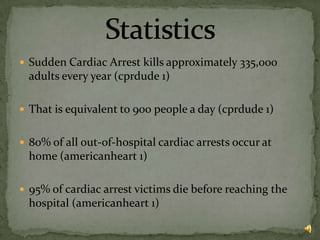 Sudden Cardiac Arrest kills approximately 335,000 adults every year (cprdude 1)That is equivalent to 900 people a day (cprdude 1)80% of all out-of-hospital cardiac arrests occur at home (americanheart 1)95% of cardiac arrest victims die before reaching the hospital (americanheart 1)Statistics
