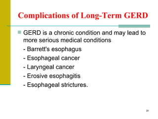 Complications of Long-Term GERD <ul><li>GERD is a chronic condition and may lead to more serious medical conditions </li><...