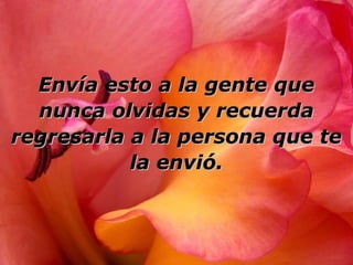 Envía esto a la gente queEnvía esto a la gente que
nunca olvidas y recuerdanunca olvidas y recuerda
regresarla a la persona que teregresarla a la persona que te
la envió.la envió.
 