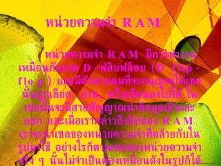 หน่วยความจำ  RAM หน่วยความจำ  RAM  มีการทำงานเหมือนกับเกต  D- ฟลิบฟล็อบ  (D flip-flop)  และมีตัวควบคุมที่จะอนุญาตให้เซลนั้นถูกเลือก ,  อ่าน ,  หรือเขียนลงไปได้ ในเซลนั้นจะมีสายสัญญาณนำข้อมูลเข้าและออก และเมื่อเรากล่าวถึงชิปของ  RAM  เราจะนำเซลของหน่วยความจำที่คล้ายกับในรูปมาใช้ อย่างไรก็ตามเซลของหน่วยความจำจริง ๆ นั้นไม่จำเป็นต้องเหมือนดังในรูปก็ได้   