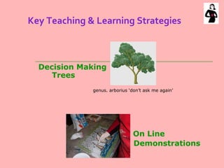 Key Teaching & Learning Strategies Decision Making  Trees         On Line      Demonstrations   genus. arborius ‘don’t ask me again’ 