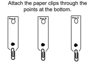 Attach the paper clips through the points at the bottom. Pen A Pen B Pen C 
