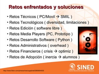 Retos enfrentados y soluciones
    • Retos Técnicos ( PC/Movil  SMIL )
    • Retos Tecnológicos ( diversidad, limitaciones )
    • Retos Edición ( software libre )
    • Retos Media Players (PC, Prototipo )
    • Retos Desarrollo Software ( Python )
    • Retos Administrativos ( overhead )
    • Retos Financieros ( crisis  optimiz )
    • Retos de Adopción ( inercia  alumnos )


http://www.flickr.com/photos/mariusgabriel/2985804935
 