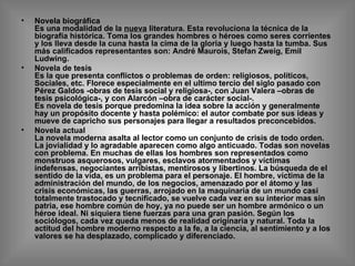 Novela biográfica Es una modalidad de la  nueva  literatura. Esta revoluciona la técnica de la biografía histórica. Toma los grandes hombres o héroes como seres corrientes y los lleva desde la cuna hasta la cima de la gloria y luego hasta la tumba. Sus más calificados representantes son: André Maurois, Stefan Zweig, Emil Ludwing. Novela de tesis Es la que presenta conflictos o problemas de orden: religiosos, políticos, Sociales, etc. Florece especialmente en el ultimo tercio del siglo pasado con Pérez Galdos -obras de tesis social y religiosa-, con Juan Valera –obras de tesis psicológica-, y con Alarcón –obra de carácter social-. Es novela de tesis porque predomina la idea sobre la acción y generalmente hay un propósito docente y hasta polémico: el autor combate por sus ideas y mueve de capricho sus personajes para llegar a resultados preconcebidos. Novela actual La novela moderna asalta al lector como un conjunto de crisis de todo orden. La jovialidad y lo agradable aparecen como algo anticuado. Todas son novelas con problema. En muchas de ellas los hombres son representados como monstruos asquerosos, vulgares, esclavos atormentados y víctimas indefensas, negociantes arribistas, mentirosos y libertinos. La búsqueda de el sentido de la vida, es un problema para el personaje. El hombre, víctima de la administración del mundo, de los negocios, amenazado por el átomo y las crisis económicas, las guerras, arrojado en la maquinaria de un mundo casi totalmente trastocado y tecnificado, se vuelve cada vez en su interior mas sin patria, ese hombre común de hoy, ya no puede ser un hombre armónico o un héroe ideal. Ni siquiera tiene fuerzas para una gran pasión. Según los sociólogos, cada vez queda menos de realidad originaria y natural. Toda la actitud del hombre moderno respecto a la fe, a la ciencia, al sentimiento y a los valores se ha desplazado, complicado y diferenciado. 