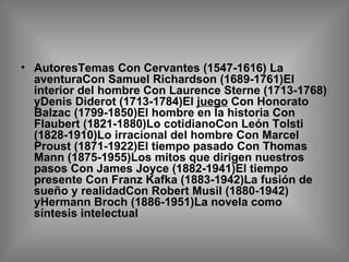 AutoresTemas Con Cervantes (1547-1616) La aventuraCon Samuel Richardson (1689-1761)El interior del hombre Con Laurence Sterne (1713-1768) yDenis Diderot (1713-1784)El  juego  Con Honorato Balzac (1799-1850)El hombre en la historia Con Flaubert (1821-1880)Lo cotidianoCon León Tolsti (1828-1910)Lo irracional del hombre Con Marcel Proust (1871-1922)El tiempo pasado Con Thomas Mann (1875-1955)Los mitos que dirigen nuestros pasos Con James Joyce (1882-1941)El tiempo presente Con Franz Kafka (1883-1942)La fusión de sueño y realidadCon Robert Musil (1880-1942) yHermann Broch (1886-1951)La novela como síntesis intelectual 