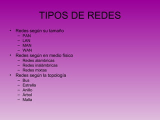 TIPOS DE REDES Redes según su tamaño PAN LAN MAN WAN Redes según en medio físico Redes alambricas Redes inalámbricas Redes mixtas Redes según la topología Bus Estrella Anillo  Árbol Malla 