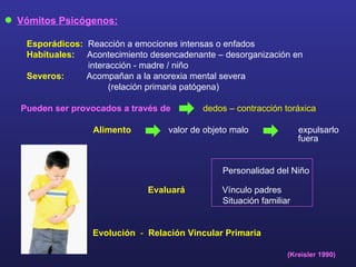 Vómitos Psicógenos: Esporádicos:  Reacción a emociones intensas o enfados Habituales:  Acontecimiento desencadenante – desorganización en  interacción - madre / niño Severos:  Acompañan a la anorexia mental severa  (relación primaria patógena)  Pueden ser provocados a través de   dedos – contracción toráxica Alimento  valor de objeto malo  expulsarlo  fuera   Personalidad del Niño  Evaluará  Vínculo padres Situación familiar Evolución  -  Relación Vincular Primaria  (Kreisler 1990) 